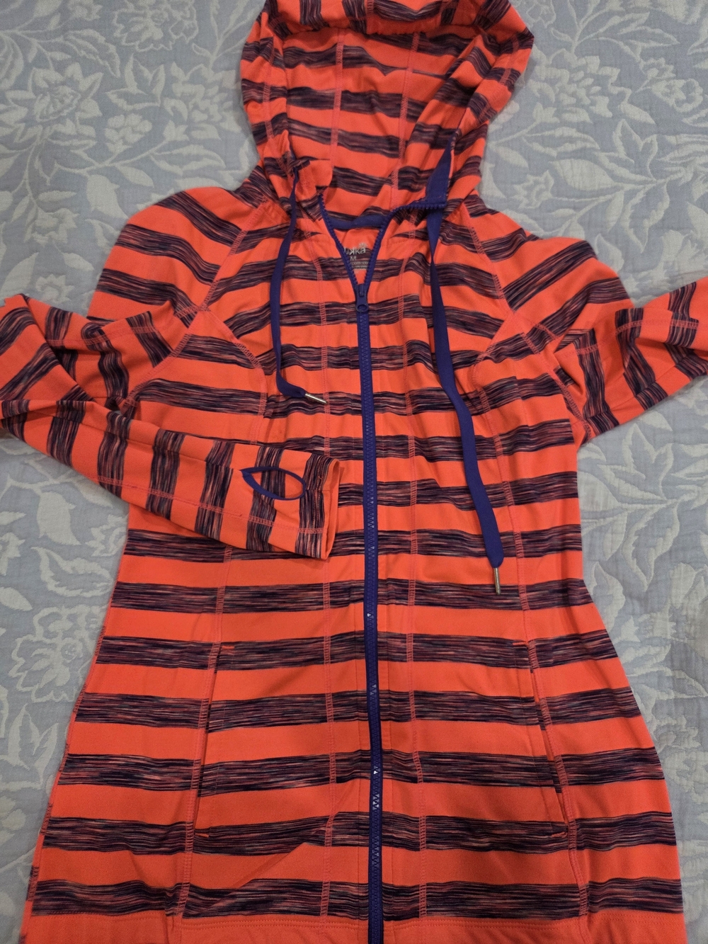 Lukka Striped Hooded Zip-Up Jacket in Coral and Navy Medium